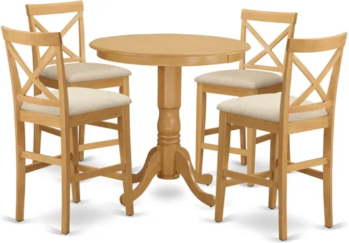 Vista 7 de East West Furniture JAPB3-OAK-C - Juego de pub de 3 piezas de altura de mostrador contiene una mesa de comedor redonda con pedestal y 2 sillas