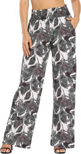 Vista 3 de EEVASS Pantalones estilo palazzo de pierna ancha para mujer, estilo casual, con estampado floral, elásticos, bohemios