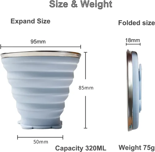 Vista 3 de Vaso de viaje plegable de silicona, paquete de 2 vasos de agua plegables reutilizables con tapa y cordón, silicona de grado alimenticio sin BPA