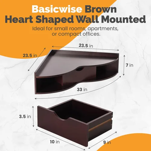 Vista 3 de Basicwise Mesa de oficina montada en la pared en forma de corazón negro con cajón y dos estantes Escritorio de esquina de escritura para computadora