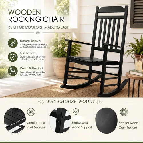 Vista 5 de Kozyard Mecedora de madera, silla mecedora de madera maciza para exteriores con respaldo alto y asiento de listones, mecedora ergonómica