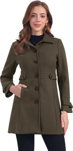 Vista 28 de Abrigo clásico de invierno con bolsillos de Allegra K para mujer; chaquetón de botonadura sencilla Verde militar