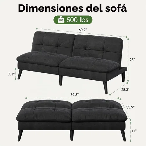 Vista 2 de Vongrasig Sofá cama futón de terciopelo con respaldo ajustable, sofá cama plegable convertible pequeño, sofá cama moderno para sala de estar