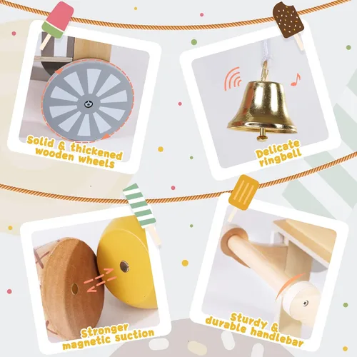 Vista 5 de Labebe Carrito de Helados de Madera para Niños, Camión de Helados para Niños Pequeños con Tirador, Juego de Simulación con Pizarra, Campanilla