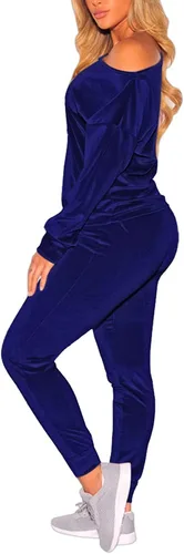 Vista 2 de VamJump Sudadera de terciopelo con hombros descubiertos para mujer, conjunto deportivo de 2 piezas