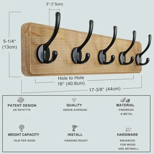 Vista 6 de Dseap Perchero de Pared: Moderno, Patentado, Resistente, 17.4" de Largo, Riel Colgador de Madera con 5 Ganchos Dobles para Abrigos de Invierno, Negro