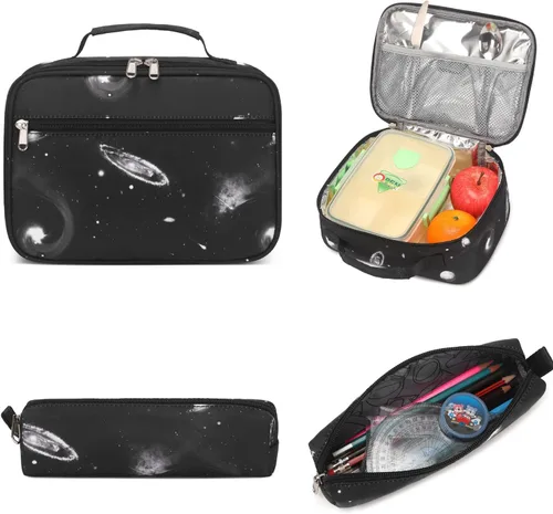 Vista 5 de Mochila escolar para niños, bolsa de libros para el espacio exterior con lonchera 3 en 1, Con color, Mochilas Daypack