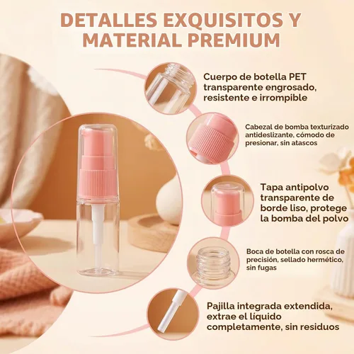 Vista 5 de Botella de bomba de loción de plástico transparente recargable portátil de 0.3 fl oz 0.34 oz con cabezal de bomba de prensa rosa, maquillaje