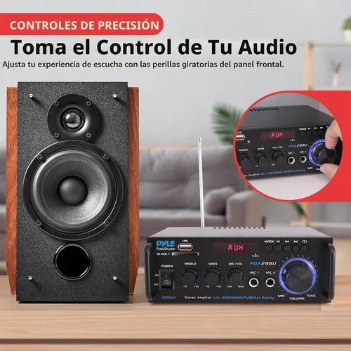 Vista 3 de Pyle Amplificador de potencia estéreo de 200W con Bluetooth - Receptor de audio de doble canal - Pantalla LED - RCA - USB - SD - ENTRADA MIC - Radio