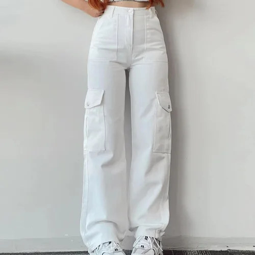 Vista 2 de Women's Wide Leg Cargo Pants Button High Waist Wide Leg Cargo Trousers Solid Baggy Cargo Casual Pants with Pockets