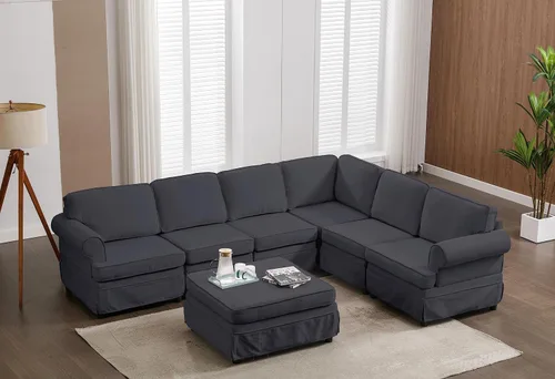 Vista 35 de Moderno sofá modular grande en forma de U, sofá cama convertible con diván reversible para sala de estar, asiento de almacenamiento, adecuado