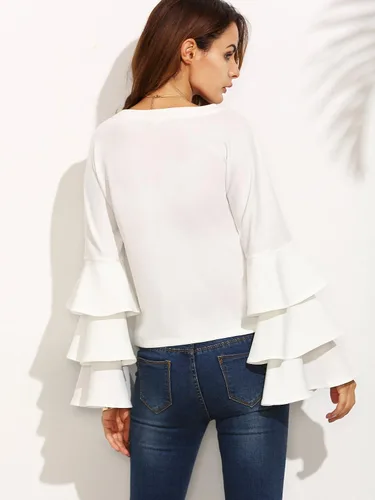 Vista 3 de SheIn Blusa de manga larga con volantes y cuello redondo para mujer