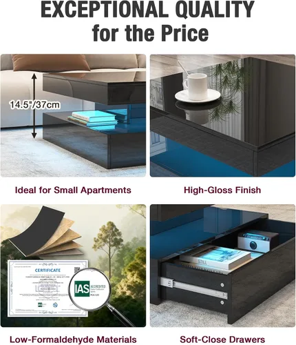 Vista 6 de FKWin Mesas de centro negras para sala de estar, mesa de centro LED con luces, moderna mesa de centro negra con superficie de alto brillo, mesa
