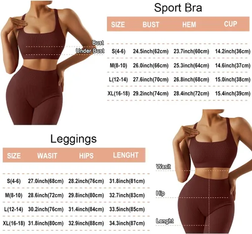 Vista 6 de OMKAGI Conjunto de entrenamiento acanalado para mujer, sin costuras, brasier deportivo con tiras y levantamiento de glúteos