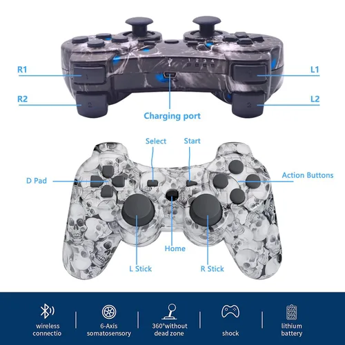 Vista 2 de Controller for PS-3 Wireless, Gaming Remote Joystick for Play 3 with Charger Cable Cord (Black Ghost, White Skull)