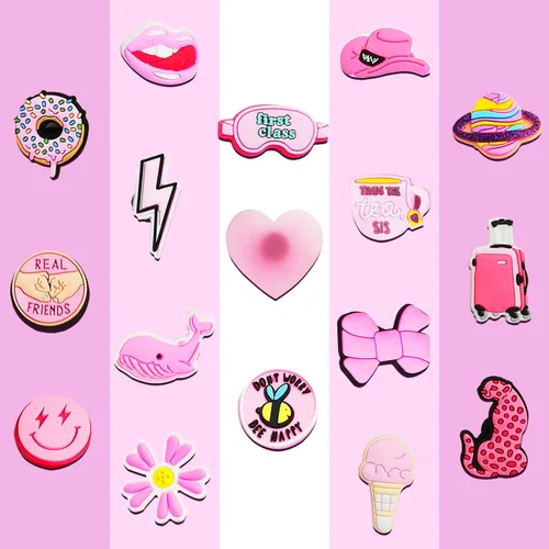 Vista 9 de IOKUKI 35 dijes rosados para zapatos para niñas y mujeres, decoración estética de zapatos para sandalias de zuecos, regalos de fiesta rosa