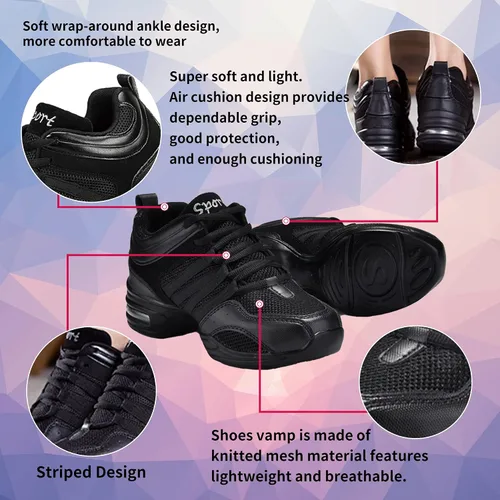 Vista 3 de Zapatos de jazz para mujer, con cordones, de malla, suela gruesa, zapatos de baile de jazz, amortiguadores, modernos y transpirables, suela