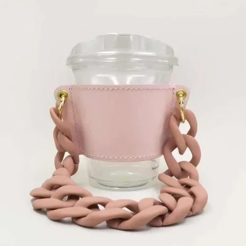 Vista 15 de Soporte de cuero de lujo para bebidas con mango de bebidas, soporte reutilizable para tazas de café de viaje, soporte de taza de cadena de metal