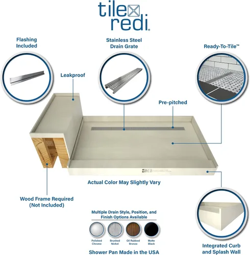 Vista 2 de Tile Redi RT3048L-SQPC-RB30-KIT - Sartén y banco de ducha con drenaje izquierdo, base de ducha de un solo bordillo, banco, drenaje de PVC de 2 Cromo