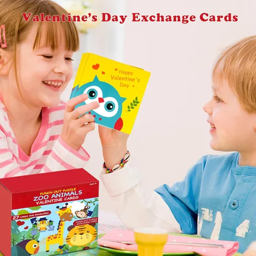Vista 6 de Tarjetas de rompecabezas para el día de San Valentín para niños, paquete de 27 tarjetas de rompecabezas de animales con sobres y calcomanías a