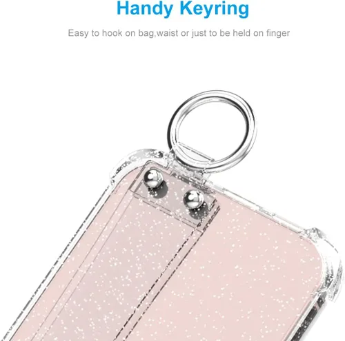 Vista 5 de Funda con purpurina con correa de mano compatible con iPhone 13 de 6.1 pulgadas, funda transparente brillante con correa de muñeca ajustable soporte