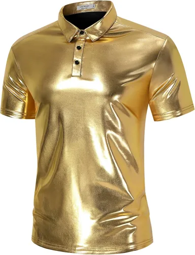 Vista 2 de TURETRENDY Camisa de discoteca de los años 70 para hombre, con lentejuelas brillantes, manga corta, para fiesta, polo hipster, discoteca, baile