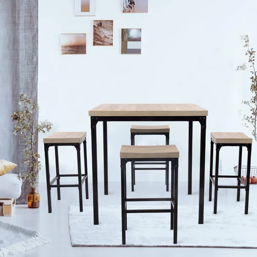 Vista 2 de Juego de 5 piezas de cocina y comedor, mesa y sillas de cocina de madera, madera de caucho, color marrón, Roble