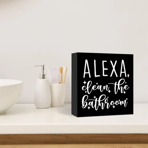 Vista 4 de SJNH Divertido letrero de madera negra para baño, estante de baño, decoración de escritorio Divertido letrero de madera negra para baño con Alexa