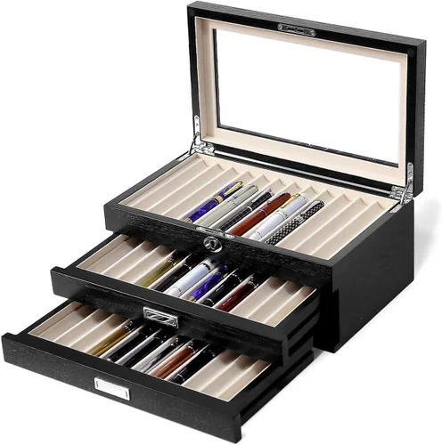 Vista 9 de vitrina de madera de la pluma de 36 ranuras Pluma estilográfica caja organizador de almacenamiento con cajón, ventana superior ventana pluma