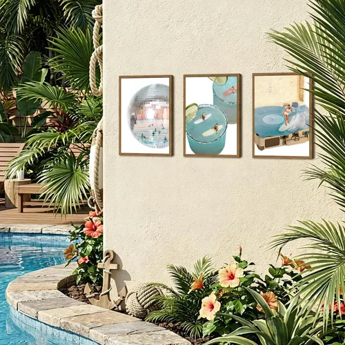 Vista 2 de Juego de 3 pinturas de pared costeras azules enmarcadas, decoración de pared de playa con bola de discoteca preppy, pinturas de surf retro Y2K