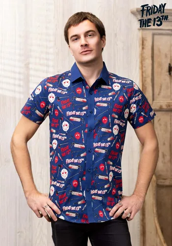 Vista 2 de Fun Costumes Adult Thrills and Kills Friday the 13th Button Up Shirt