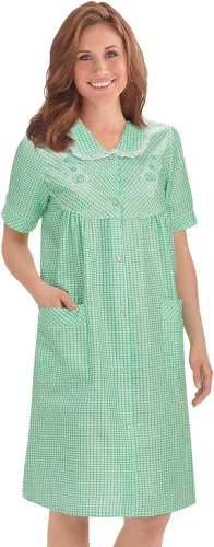 Vista 3 de Collections Etc Gingham Robe with Floral Accents, Snap-Front Closure and Lace Trim