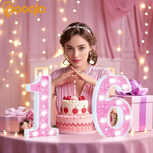 Vista 5 de Pooqla Luces de números de marquesina, números de luz rosa para niñas de 10.º cumpleaños, funciona con pilas, luz nocturna de número con purpurina