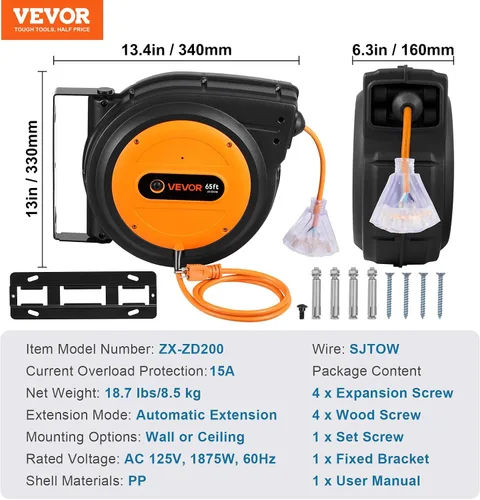 Vista 69 de VEVOR Carrete de cable de extensión retráctil de 25 pies resistente 14AWG Rojo