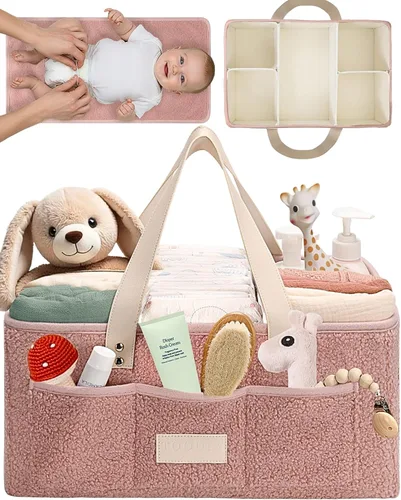 Vista 10 de Organizador de Pañales para Bebé Toodly con Estera Cambiadora Portátil - Organizador de Pañales de Felpa de Oso para Mesa Cambiadora - Cesta