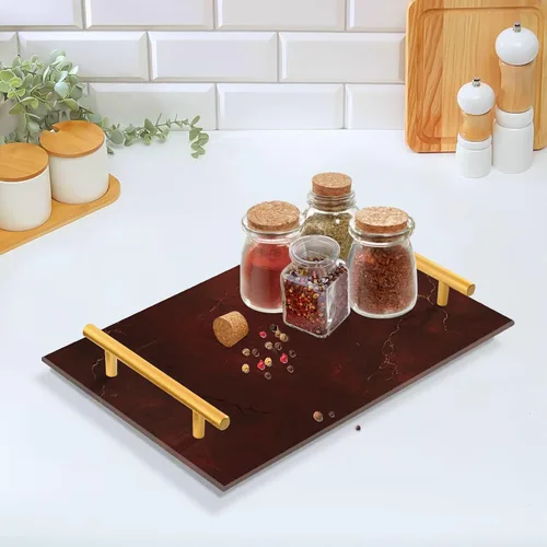 Vista 5 de Bandeja decorativa decorativa con textura de mármol de lujo de oro rojo con asas bandejas para sala de estar para joyería perfume para cocina