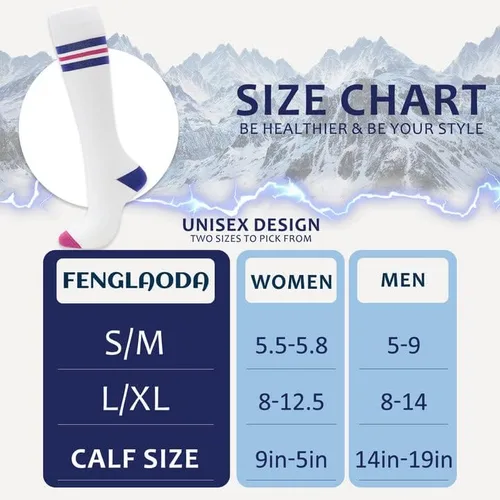 Vista 5 de fenglaoda 8 pares de calcetines de compresión para hombres y mujeres de 20 a 30 mmHg hasta la rodilla, enfermera, embarazada, correr, médico
