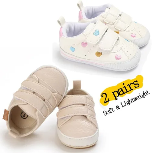 Vista 4 de eitwo 2 pares de zapatos de bebé, para niños y niñas, suela de goma antideslizante, unisex, suaves y ligeros, zapatos de cuna para primeros pasos