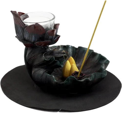 Vista 5 de Ebros Gift Feng Shui Zen Buddha Ohm Símbolo Sagrado Flor de Loto en Cascada Torre de incienso y Quemador de cono de reflujo y Figura de portavelas