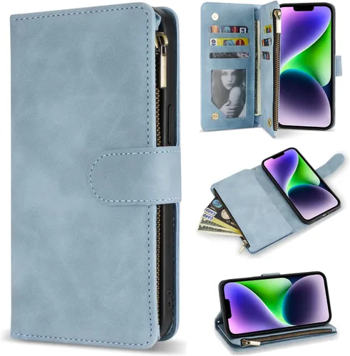 Vista 29 de ZZXX Funda tipo cartera para iPhone 14 Plus con [Bloqueo RFID] Ranura para tarjetas Cuero PU suave premium con cremallera tipo folio plegable