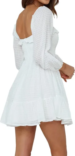 Vista 2 de R.Vivimos Minivestido de algodón de manga larga con cuello cuadrado y volantes fruncidos para mujer