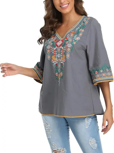 Vista 3 de YZXDORWJ Blusa campesina mexicana bordada con cuello en V para mujer