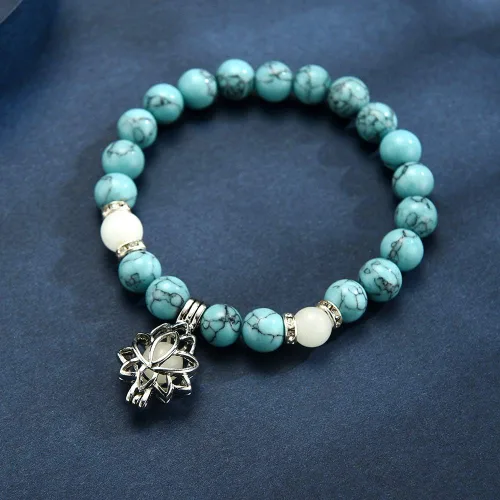 Vista 7 de Pulsera luminosa con forma de flor de loto que brilla en la oscuridad para mujer, piedras turquesas naturales, joyería de oración de yoga, Metal