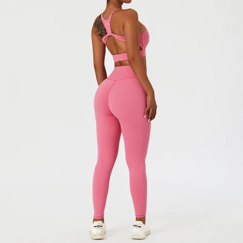 Vista 4 de ABOCIW Conjuntos de entrenamiento para mujer, 2 piezas, cintura cruzada, leggings de cintura alta, tirantes deportivos, para ejercicio, gimnasio