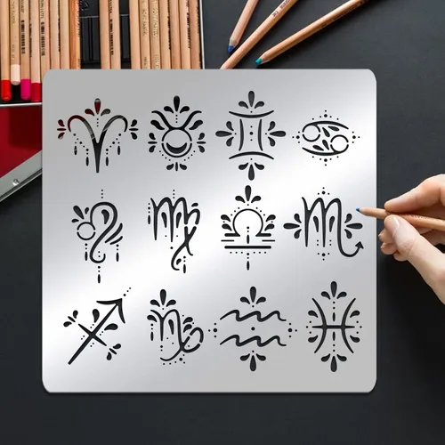 Vista 6 de BENECREAT Plantilla de metal con temática de signos del zodiaco, plantilla de dibujo de acero inoxidable para quemar madera, pintura de pared