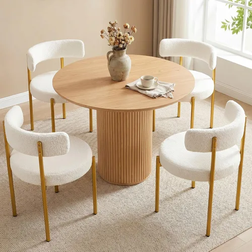 Vista 20 de Juego de 2 sillas de comedor Boucle, sillas de comedor beige con asiento tapizado y respaldo redondo, sillas de cocina modernas de mediados de siglo