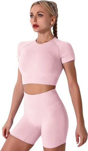 Vista 2 de IMEKIS Conjunto de yoga para mujer, sin costuras, pantalones cortos de ejercicio de cintura alta, pantalones cortos con top deportivo y brasier de 2