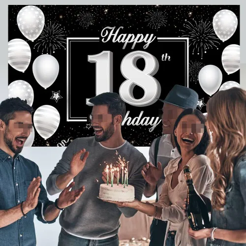 Vista 7 de Cartel de fondo de cumpleaños número 18, decoración de fiesta plateada y negra para niños y niñas, fondo de cabina de fotos