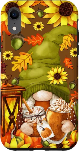 Vista 24 de iPhone 13 Pro Max Lindo gnomo de especias de calabaza con árbol de otoño hojas de otoño