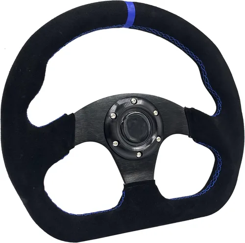 Vista 9 de Volante de carreras de 13"/325mm en forma de D, de piel de ante, con franja roja, estilo carrera, fondo plano, con costuras rojas y botón de bocina